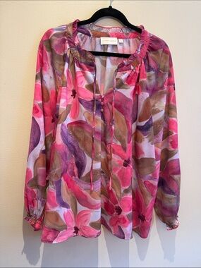 Sunny Leigh - Multicolor Pink Floral Tie-Neck Blouse